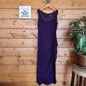 R & M Richards 💜 Plum Purple Formal Floor Maxi Dress Ruffle Rhinestone Petite 8